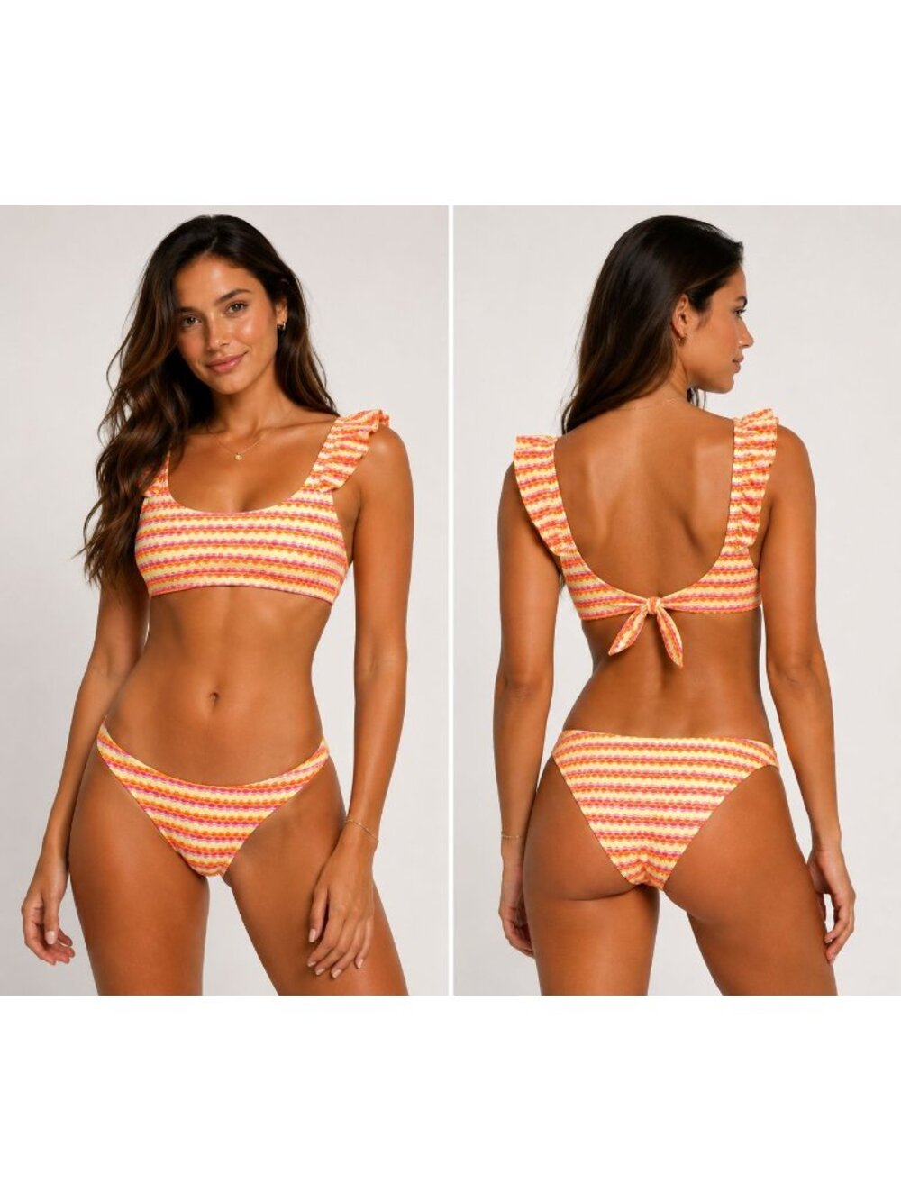 Aerie Ruffled Scoop Bikini Set XS Multicolor Stripe Orange Tie Back